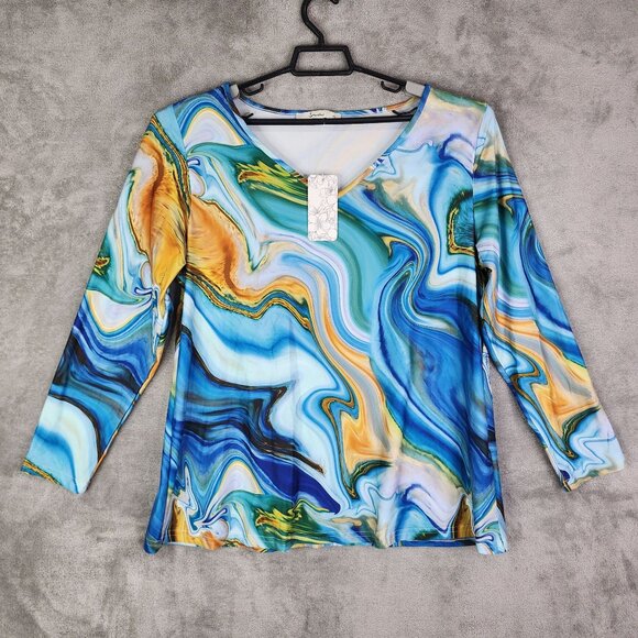 Women's Sakurafina Blouse Top Multicolor Abstract Print 3/4 Sleeve V Neck XL - Picture 2 of 11